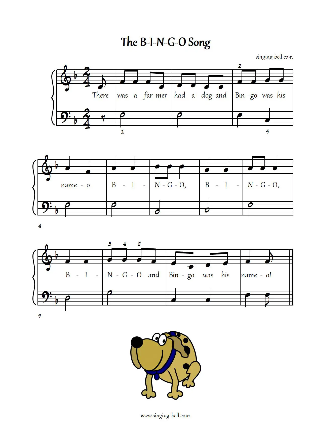 Bingo Song easy piano sheet music notes beginners pdf