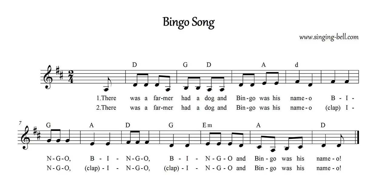 Bingo Song easy piano sheet music notes chords