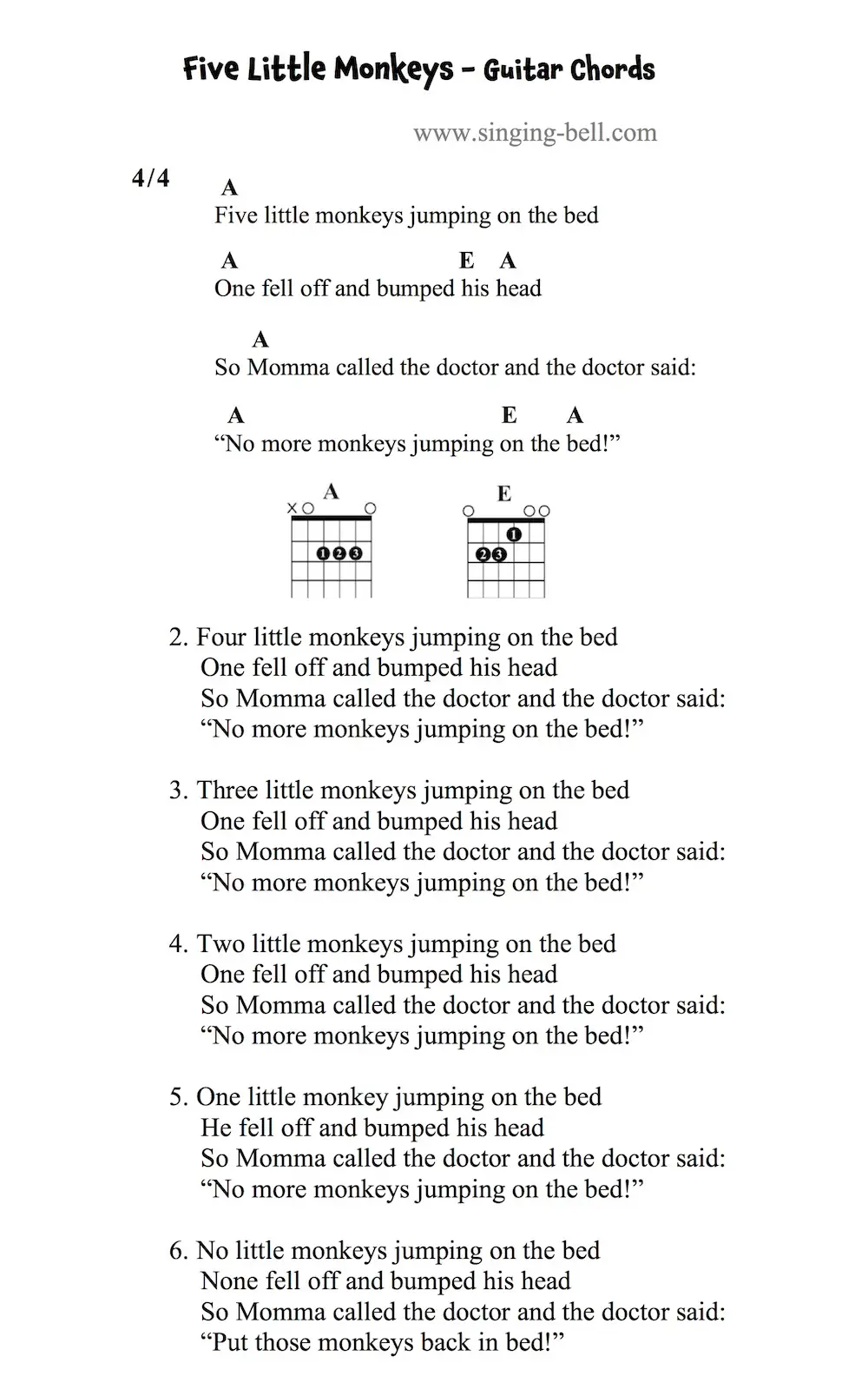 Five Little Monkeys Guitar Chords and Tabs.