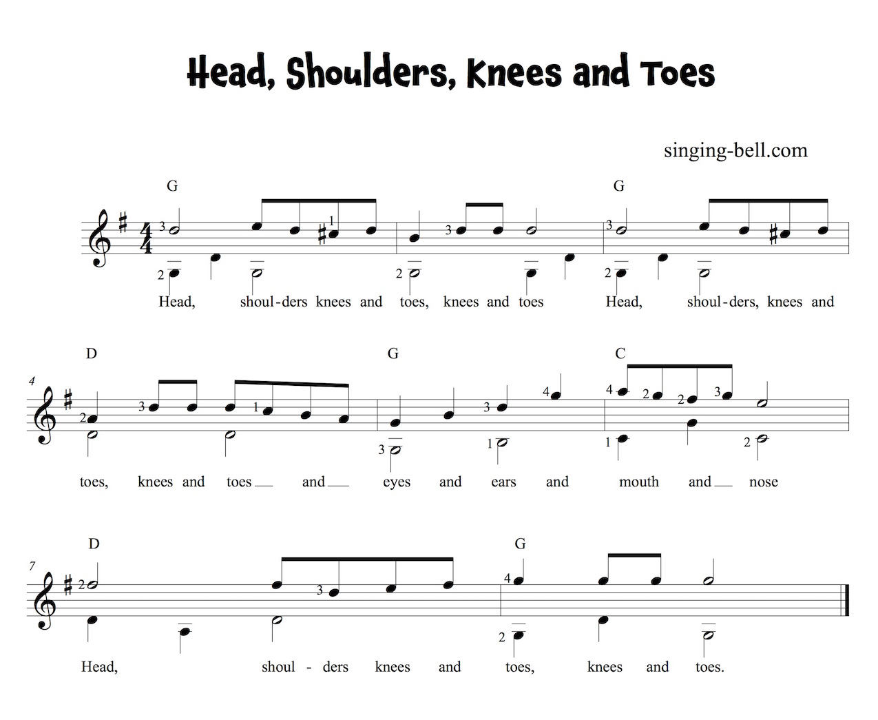 Head shoulders knees and toes sheet music