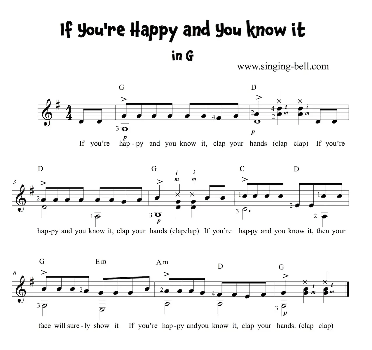 If You're Happy and You know it Easy Guitar Sheet Music in G.