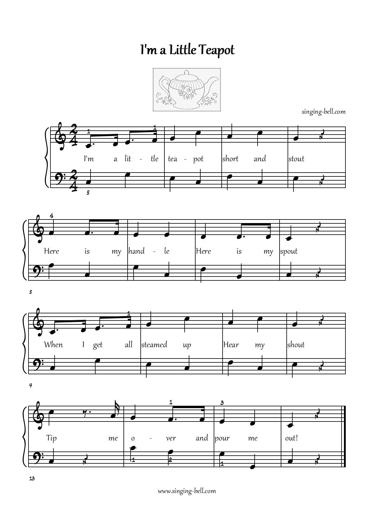 I'm a little teapot easy piano sheet music notes chords beginners pdf