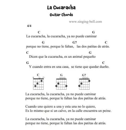 La Cucaracha with Spanish Lyrics - Guitar Chords.