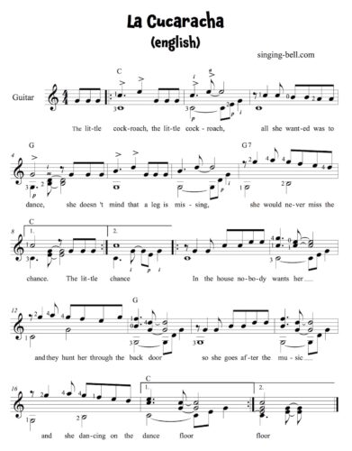 La Cucaracha with English Lyrics - Guitar Sheet Music.