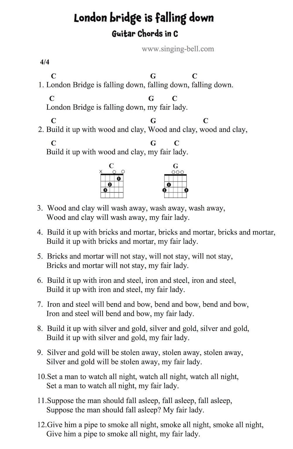 London bridge is falling down Guitar Chords and Tabs in C.