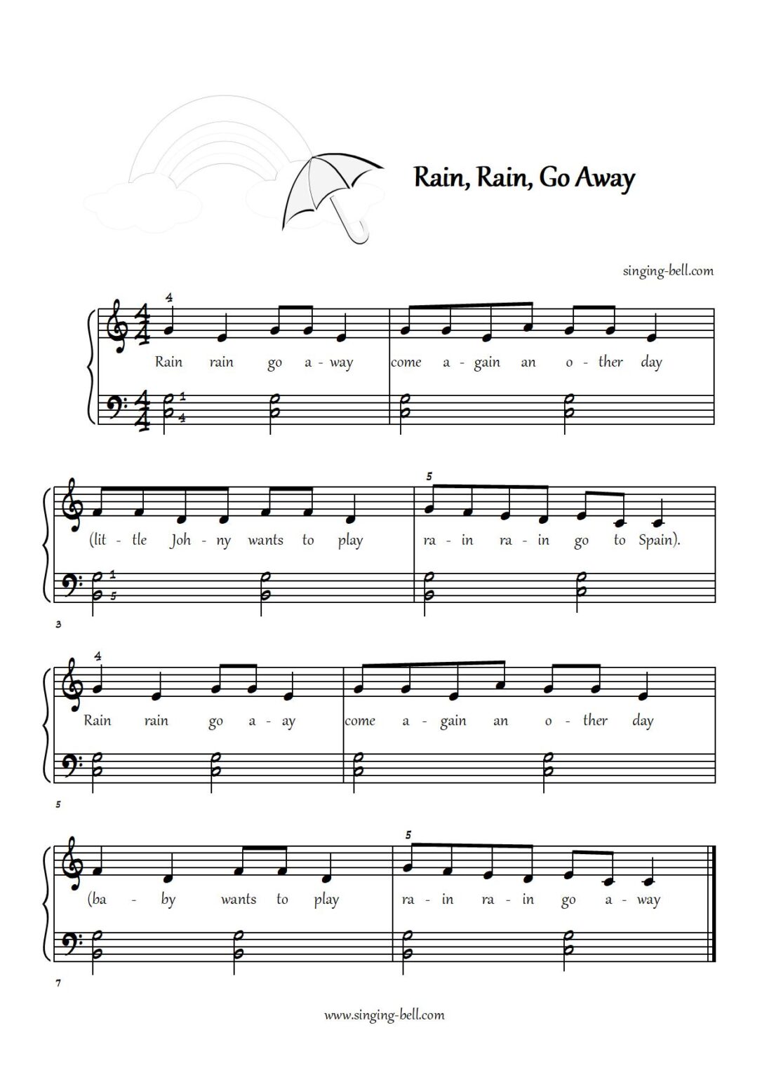 Rain, Rain, Go Away Piano Tutorial Video Sheet Music PDF