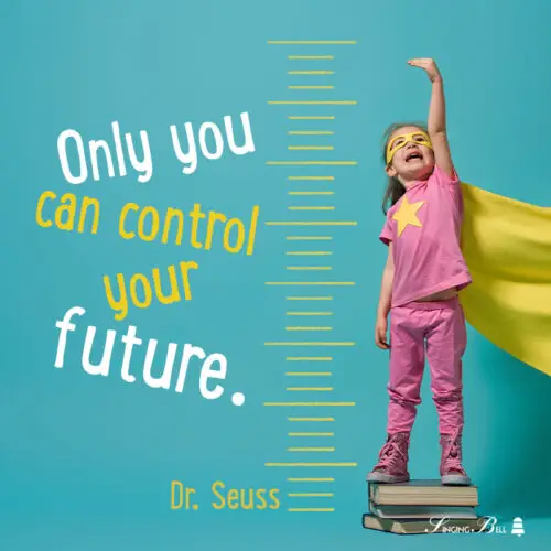 Dr. Seuss Quote for kids on image of girl that wants to fly.