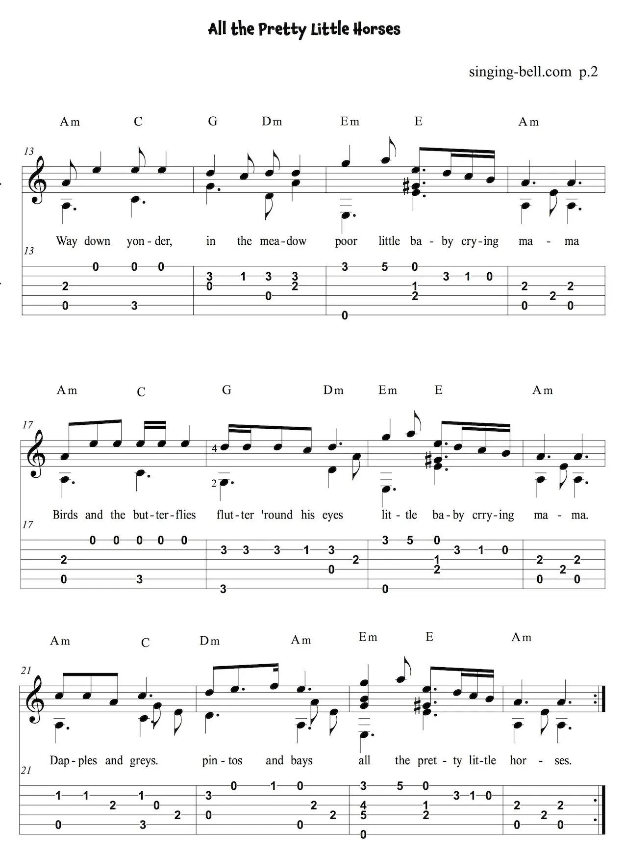 All the pretty little horses Easy Guitar Sheet Music in Am - page 2.