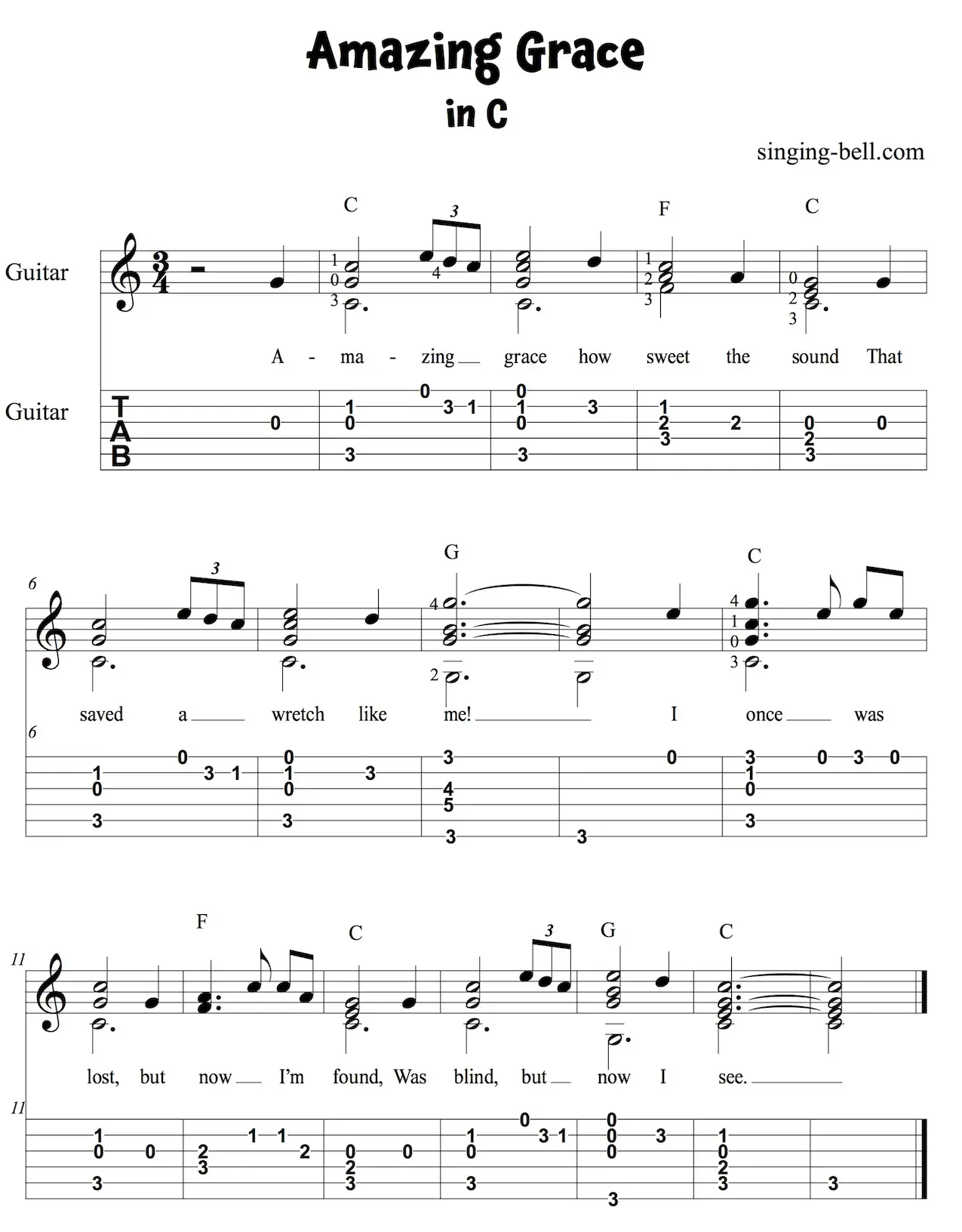 Amazing Grace Easy Guitar Sheet Music with Notes and Tablature in C.