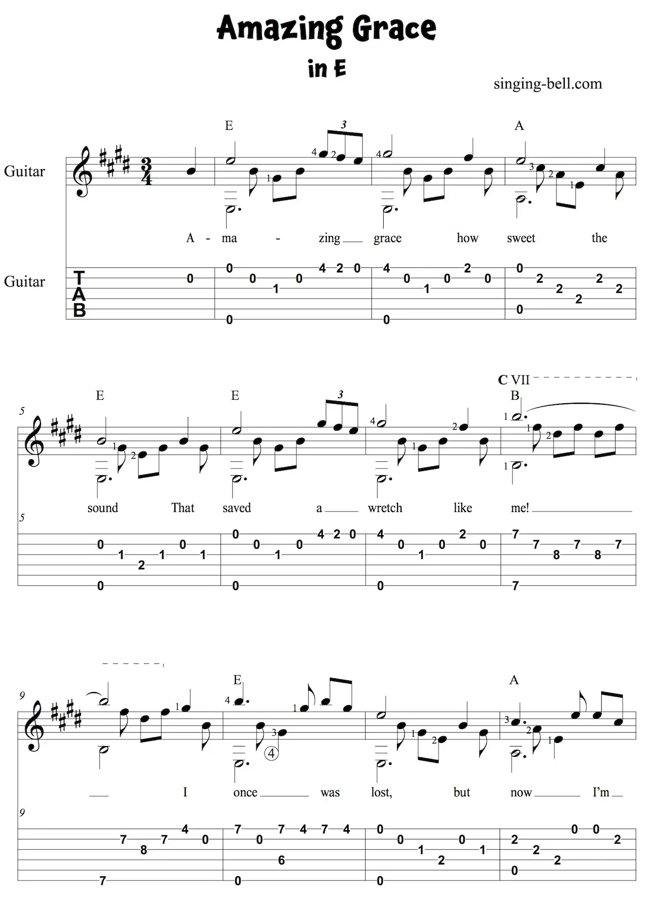 Amazing Grace Easy Guitar Sheet Music with Notes and Tablature in E - page 1.