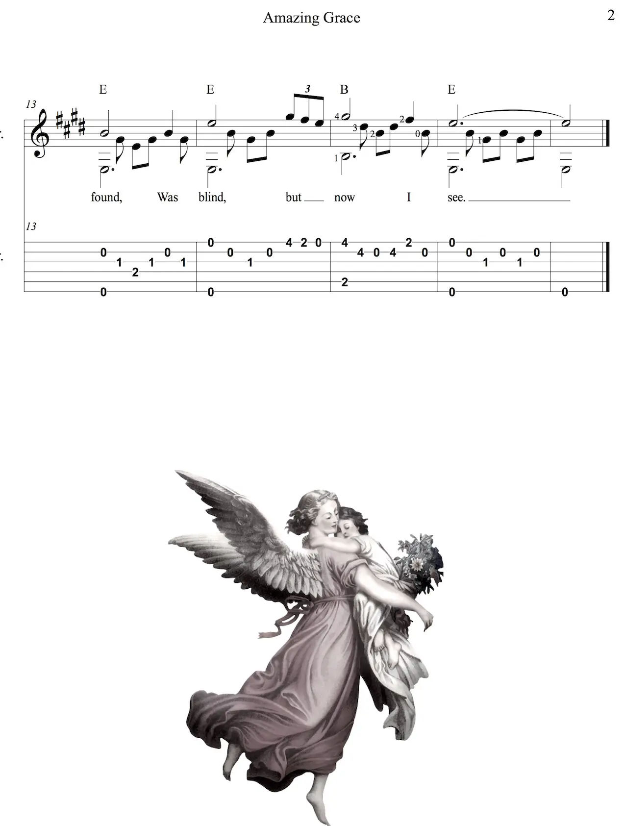 Amazing Grace Easy Guitar Sheet Music with Notes and Tablature in E - page 2.