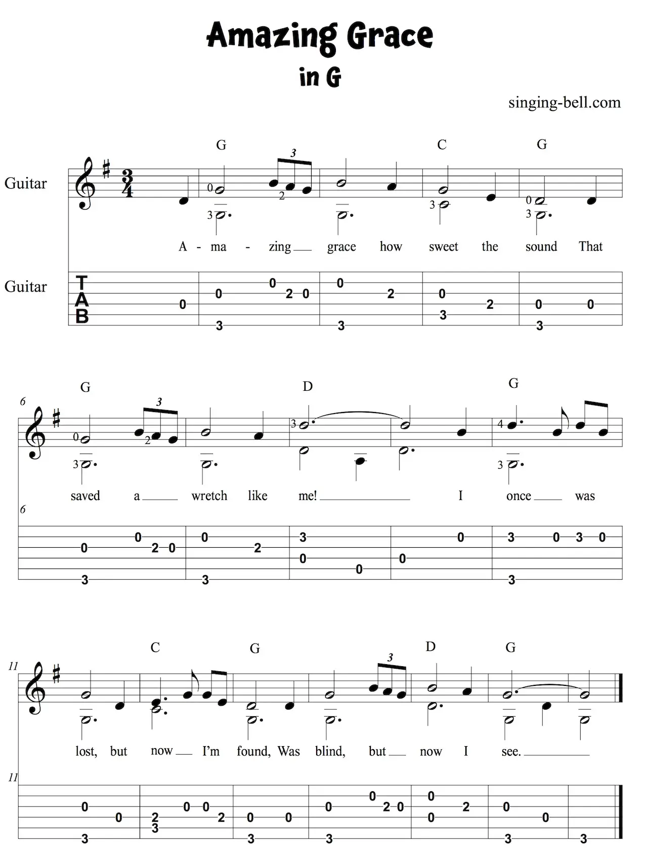 Amazing Grace Easy Guitar Sheet Music with Notes and Tablature in G.