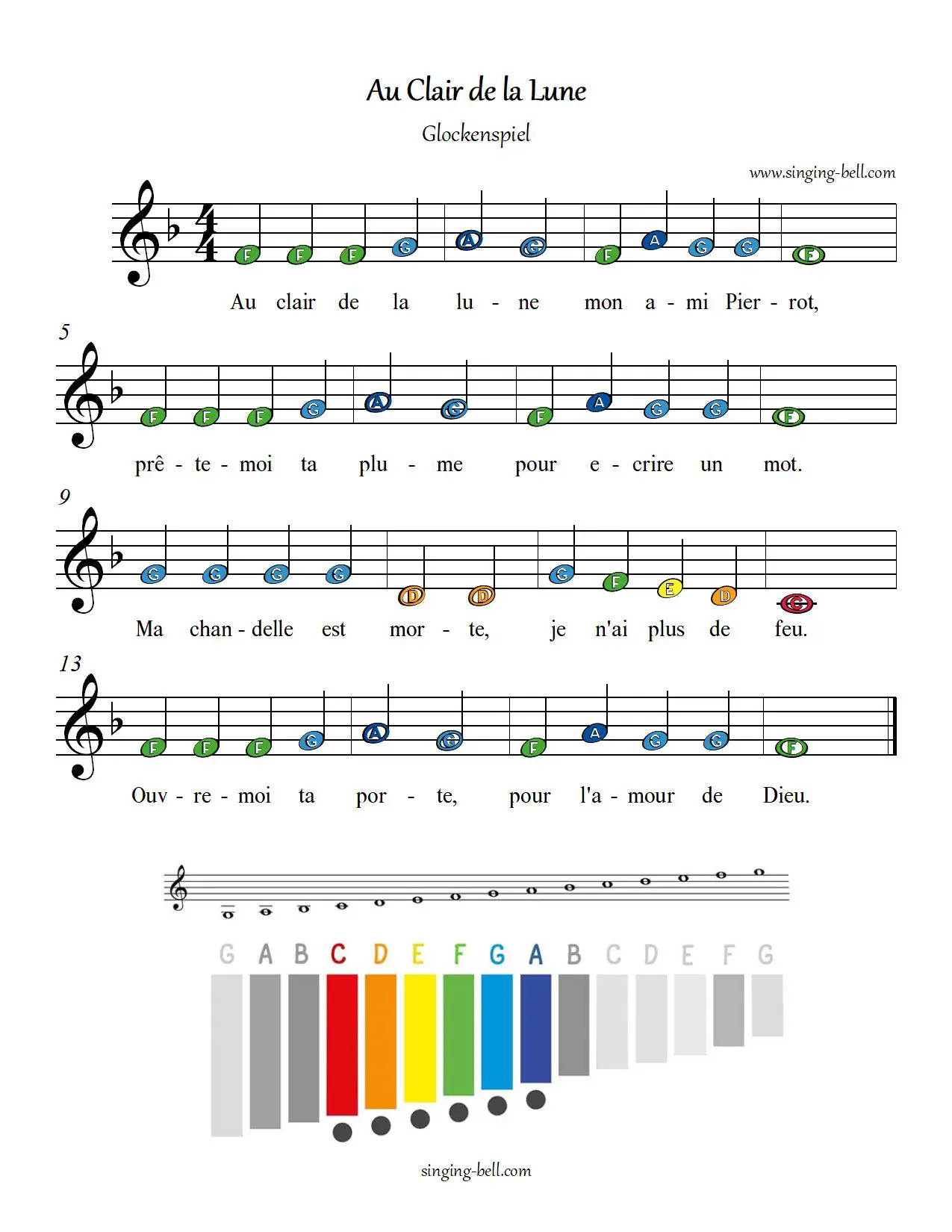 Au clair de la lune free xylophone glockenspiel sheet music color notes chart pdf