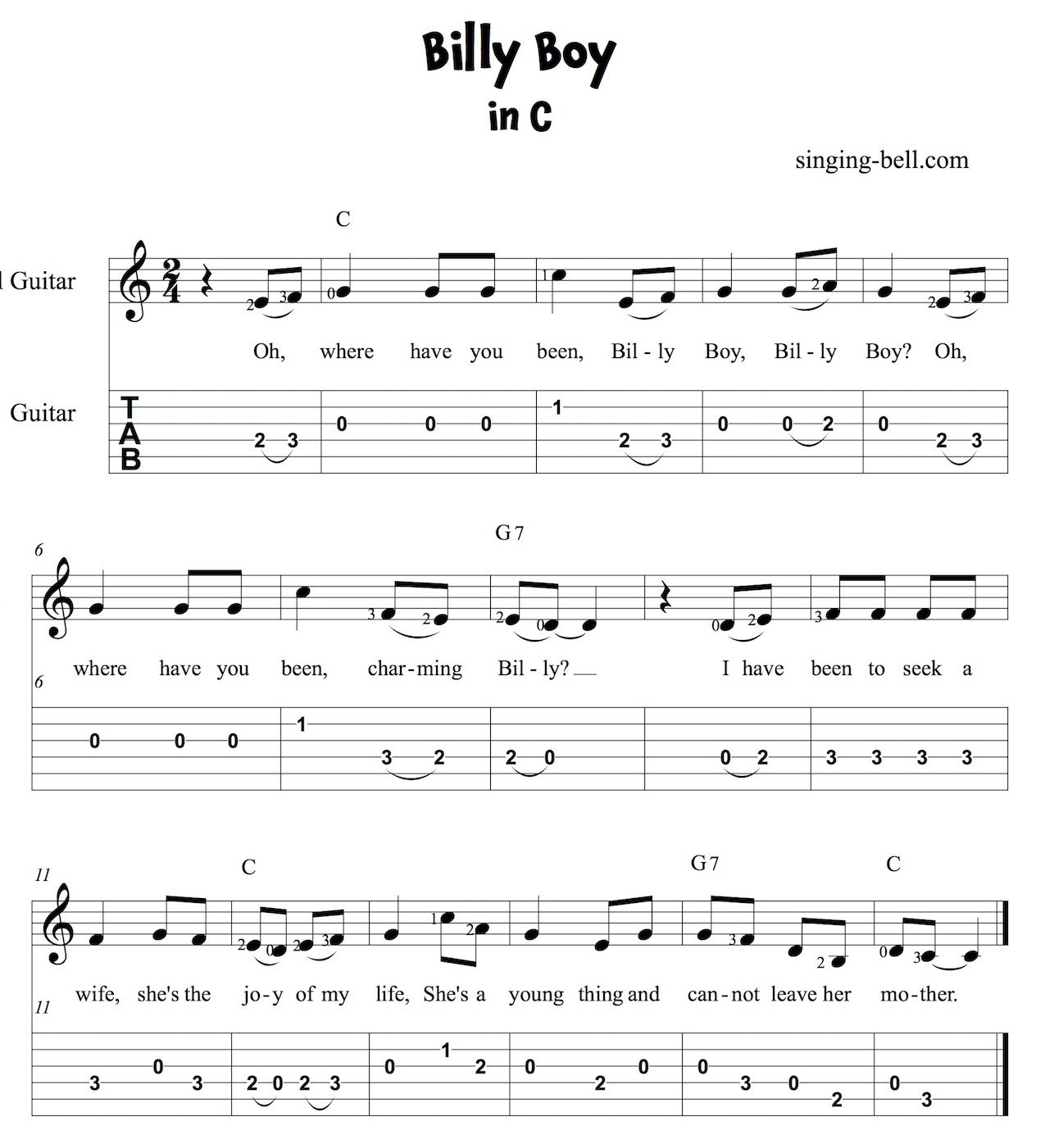 Billy Boy Easy Guitar Sheet Music with notes and tablature in C.