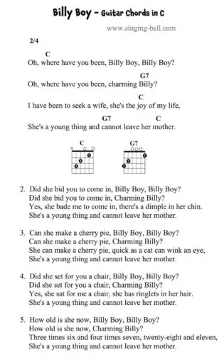 Billy Boy Easy Guitar Chords and Tabs in C.