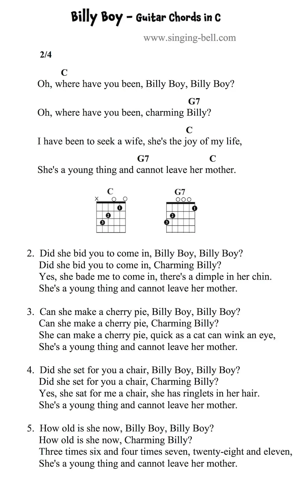 Billy Boy Easy Guitar Chords and Tabs in C.