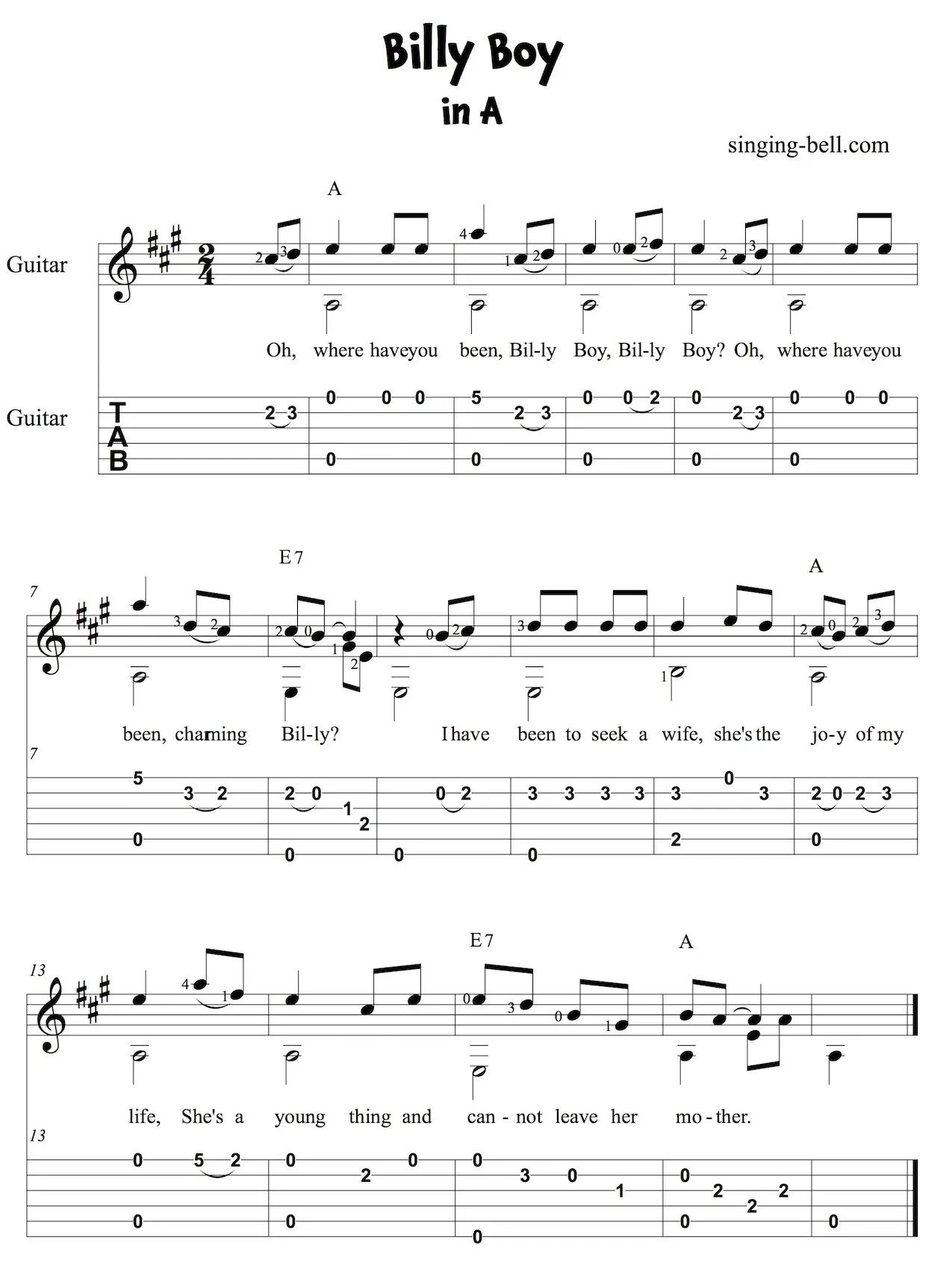 Billy Boy Easy Guitar Sheet Music with notes and tablature in A.