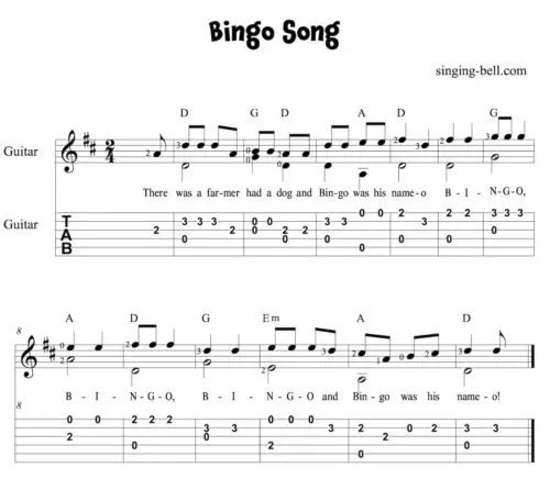 Bingo Song Easy Guitar Sheet Music Notes & Tablature.
