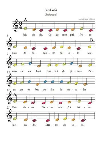 Fais Dodo Colas mon p'tit frere free xylophone glockenspiel sheet music color notes chart pdf p.1
