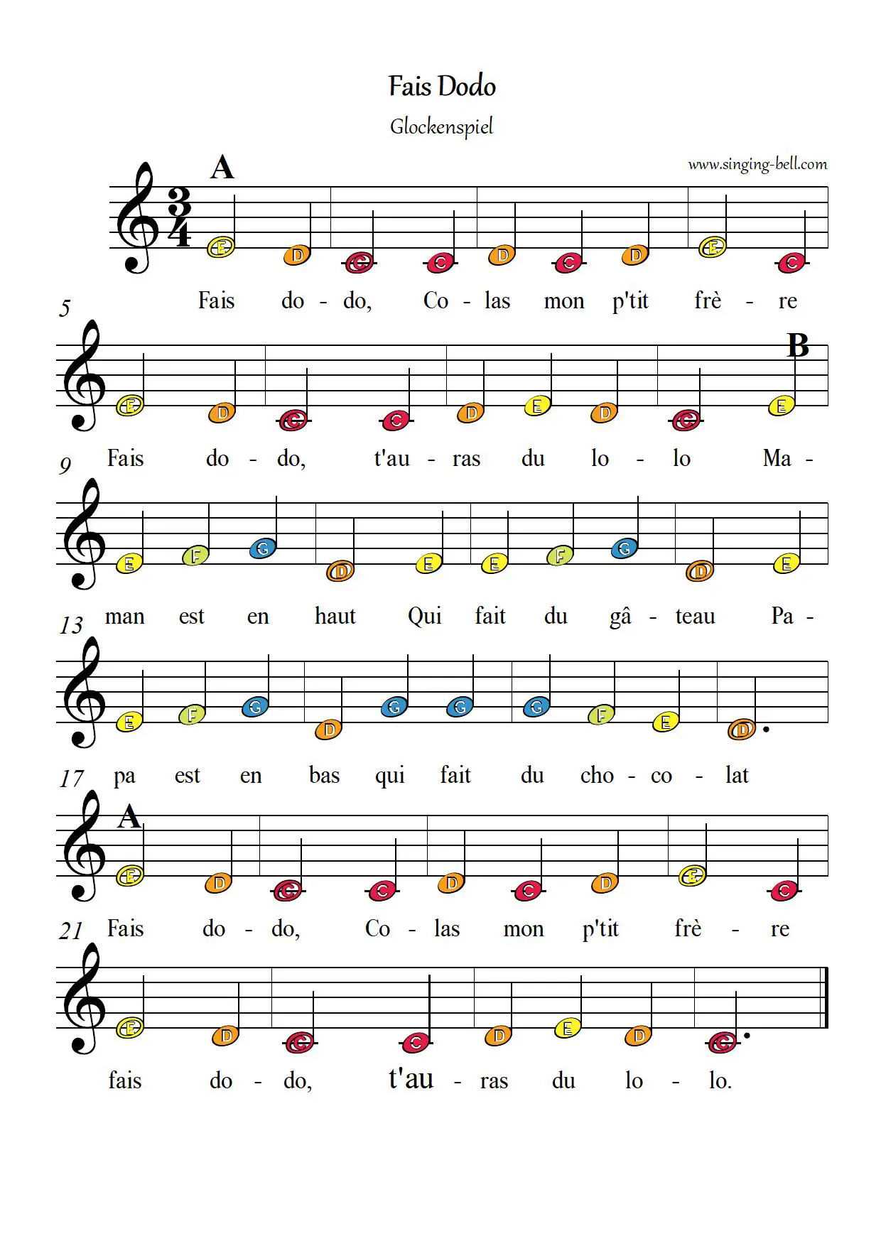 Fais Dodo Colas mon p'tit frere free xylophone glockenspiel sheet music color notes chart pdf p.1