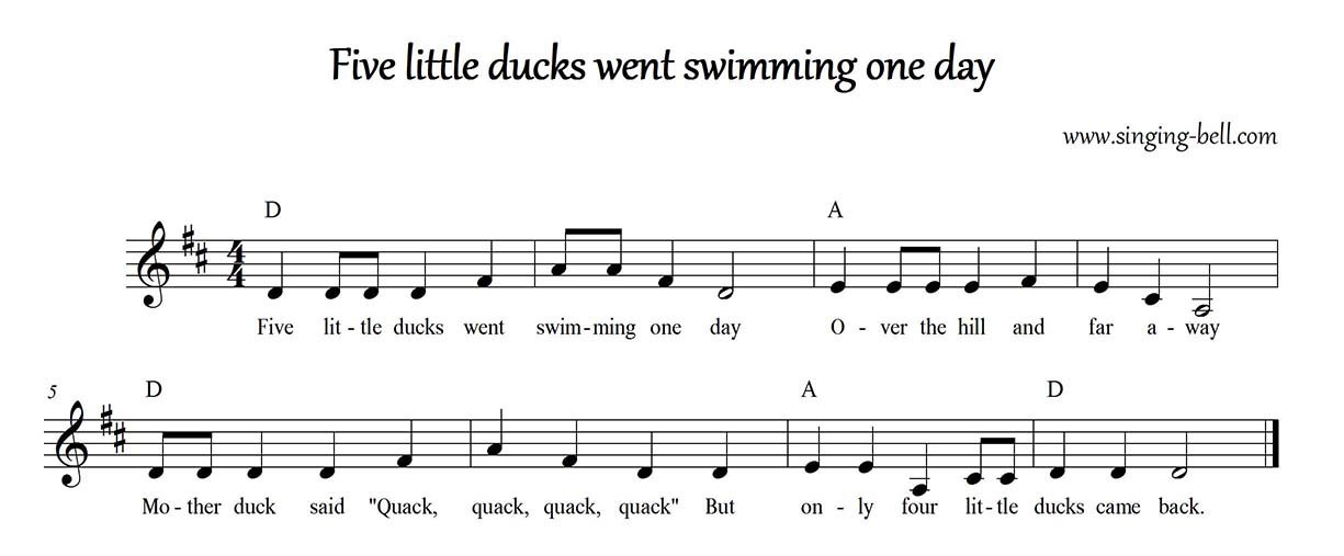 Five little ducks went swimming one day easy piano sheet music notes chords