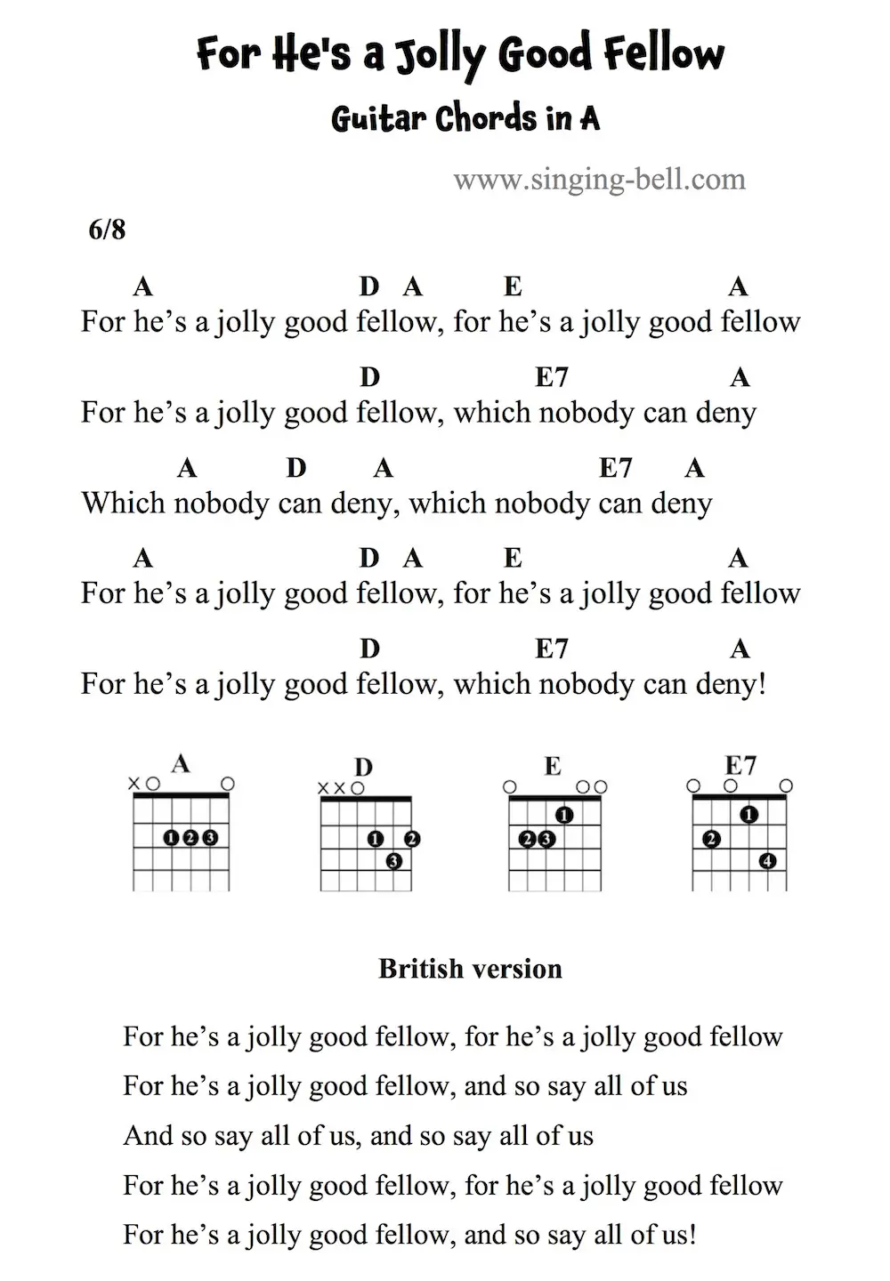 For He's a Jolly Good Fellow Guitar Chords and Tabs in A.