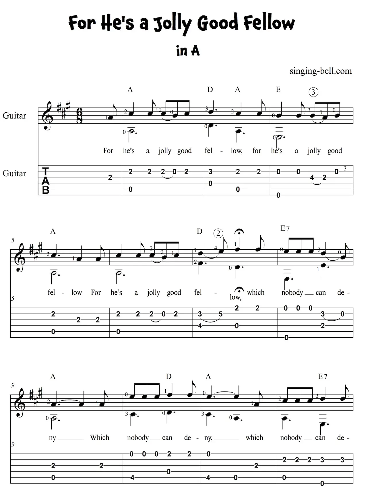 For He's a Jolly Good Fellow Easy Guitar Sheet Music with notes and tablature in A - page 1.