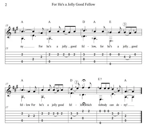 For He's a Jolly Good Fellow Easy Guitar Sheet Music with notes and tablature in A - page 2.
