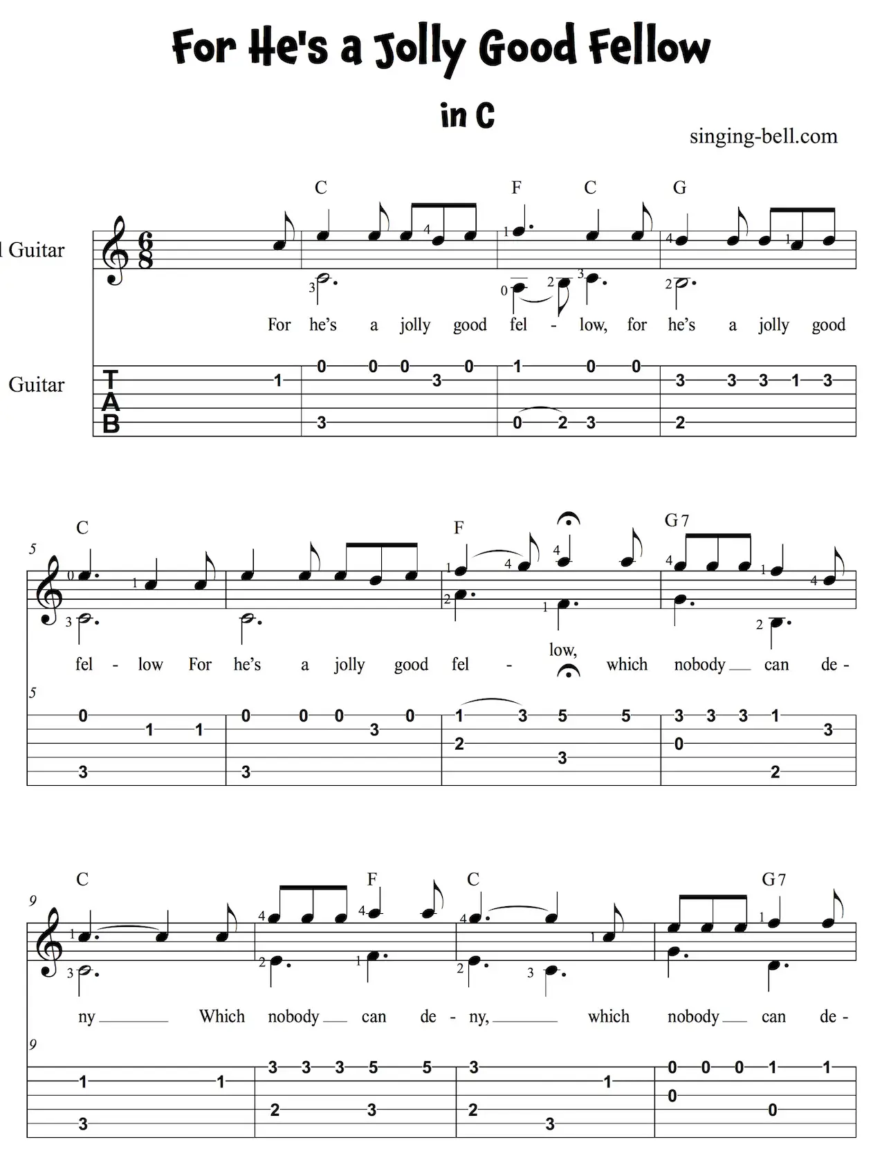For He's a Jolly Good Fellow Easy Guitar Sheet Music with notes and tablature in C.