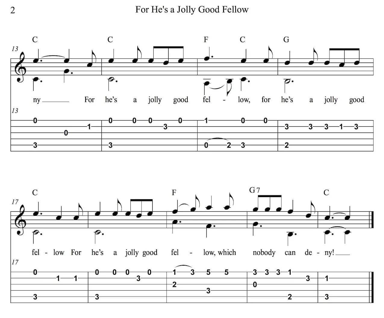 For He's a Jolly Good Fellow Easy Guitar Sheet Music with notes and tablature in C - 2nd page.