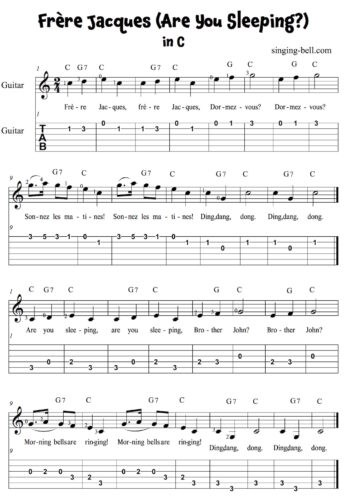 Frère Jacques Easy Guitar Sheet Music with notes and tablature in C.