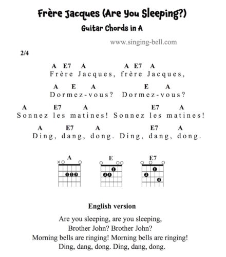 Frère Jacques Guitar Chords and Tabs in A.