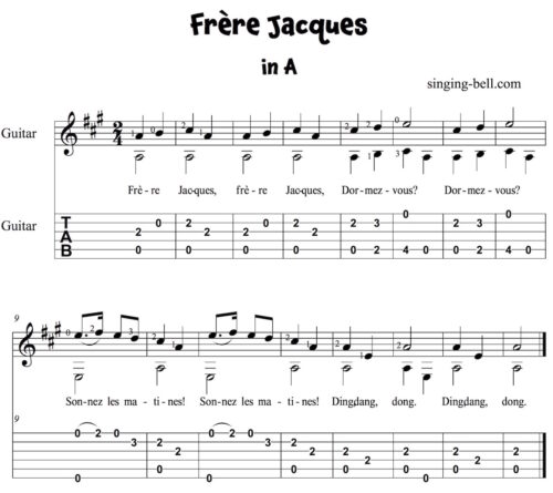 Frère Jacques Easy Guitar Sheet Music with notes and tablature in A.