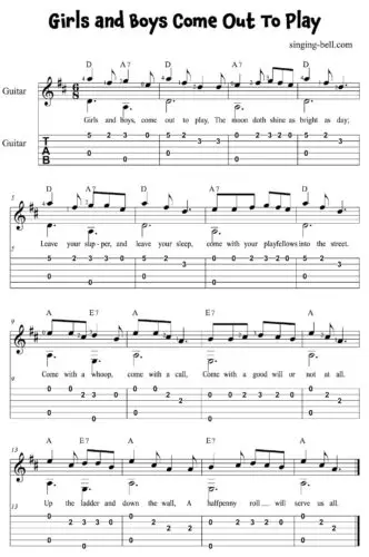 Girls and Boys Come Out To Play Easy Guitar Sheet Music with notes and tablature.