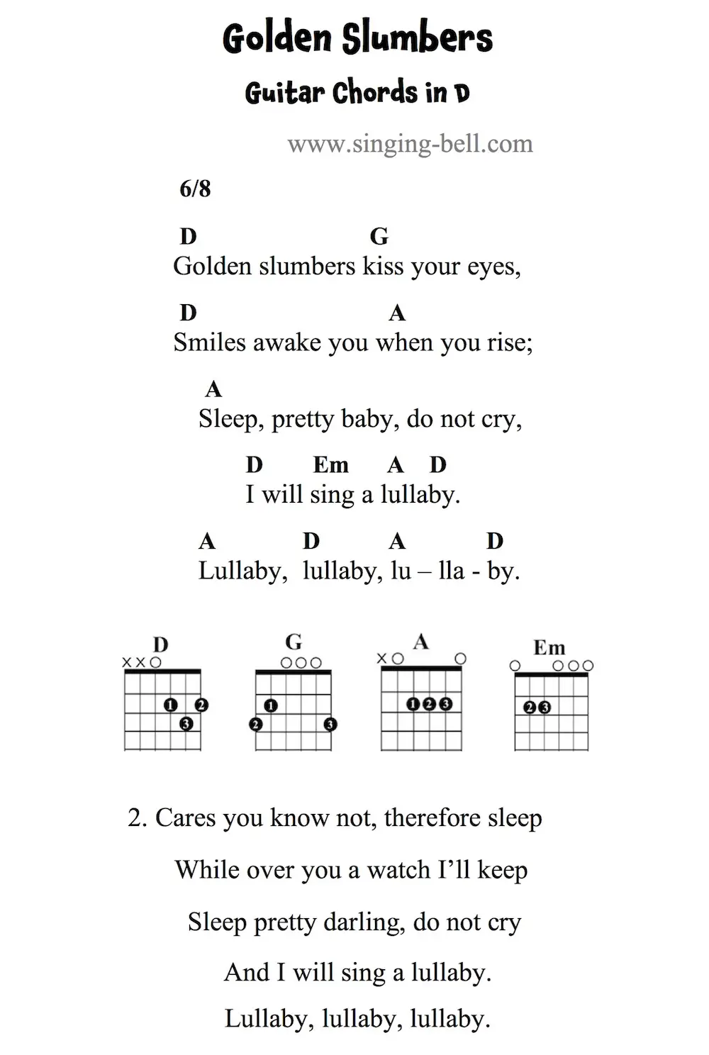 Golden Slumbers Guitar Chords and Tabs in D.