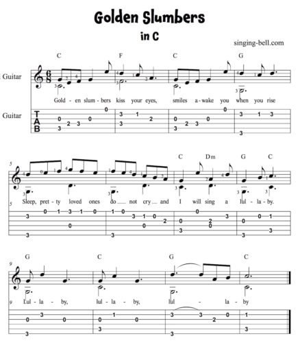Golden Slumbers Easy Guitar Sheet Music with notes and tablature in C.