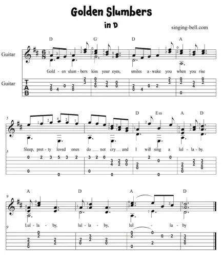 Golden Slumbers Easy Guitar Sheet Music with notes and tablature in D