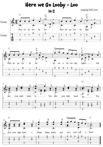 Here We Go Looby Loo Easy Guitar Sheet Music with notes and tablature in C.