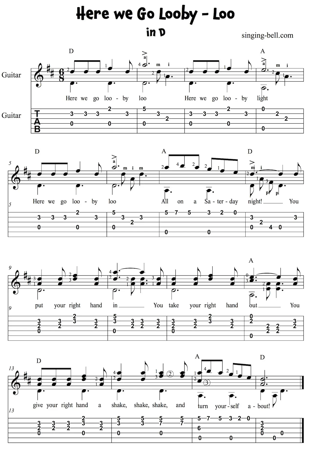 Here We Go Looby Loo Easy Guitar Sheet Music with notes and tablature in D.