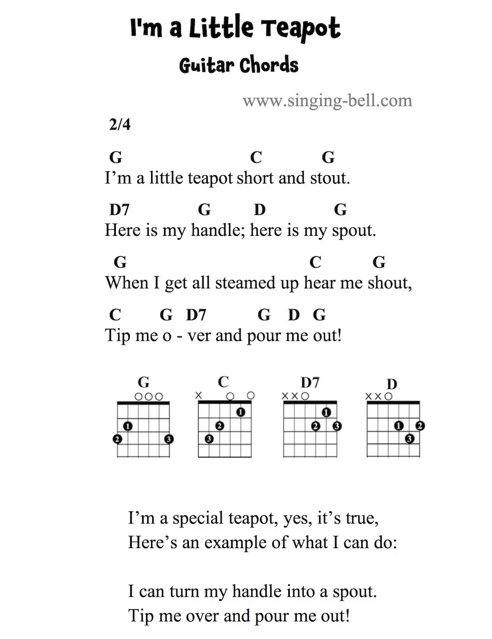 I'm a Little Teapot Guitar Chords and Tabs in G.
