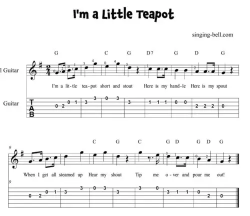 I'm a Little Teapot Easy Guitar Sheet Music with notes and tablature in G.