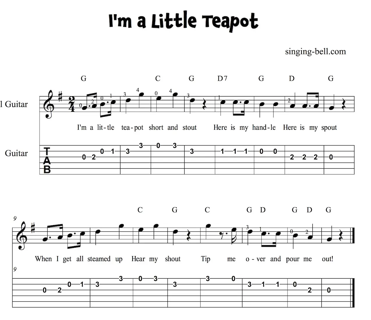 I'm a Little Teapot Easy Guitar Sheet Music with notes and tablature in G.