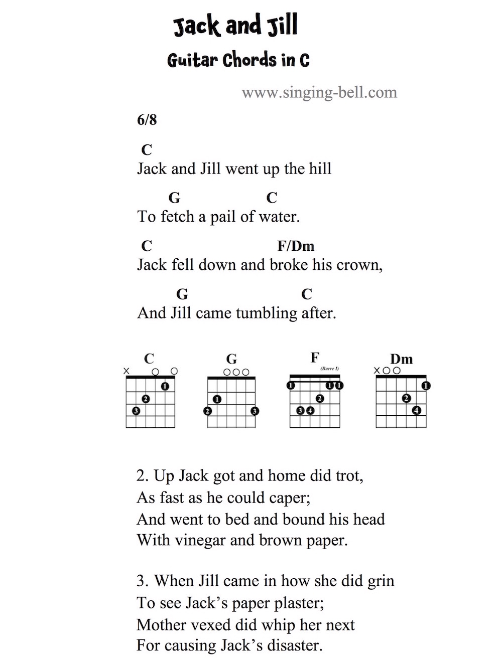 Jack and Jill Guitar Chords and Tabs in C.