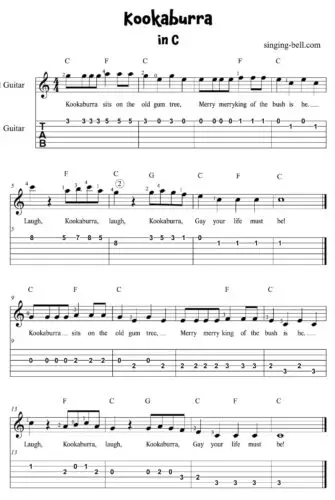 Kookaburra Easy Guitar Sheet Music with notes and tablature in C.