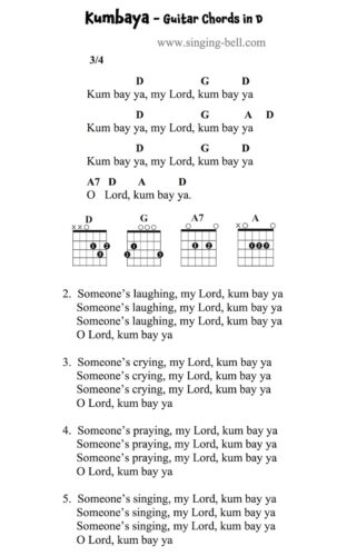 Kumbaya Guitar Chords and Tabs in D.