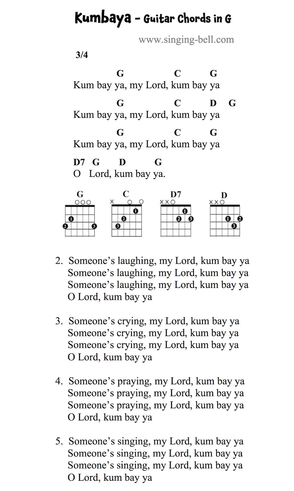 Kumbaya Guitar Chords and Tabs in G.