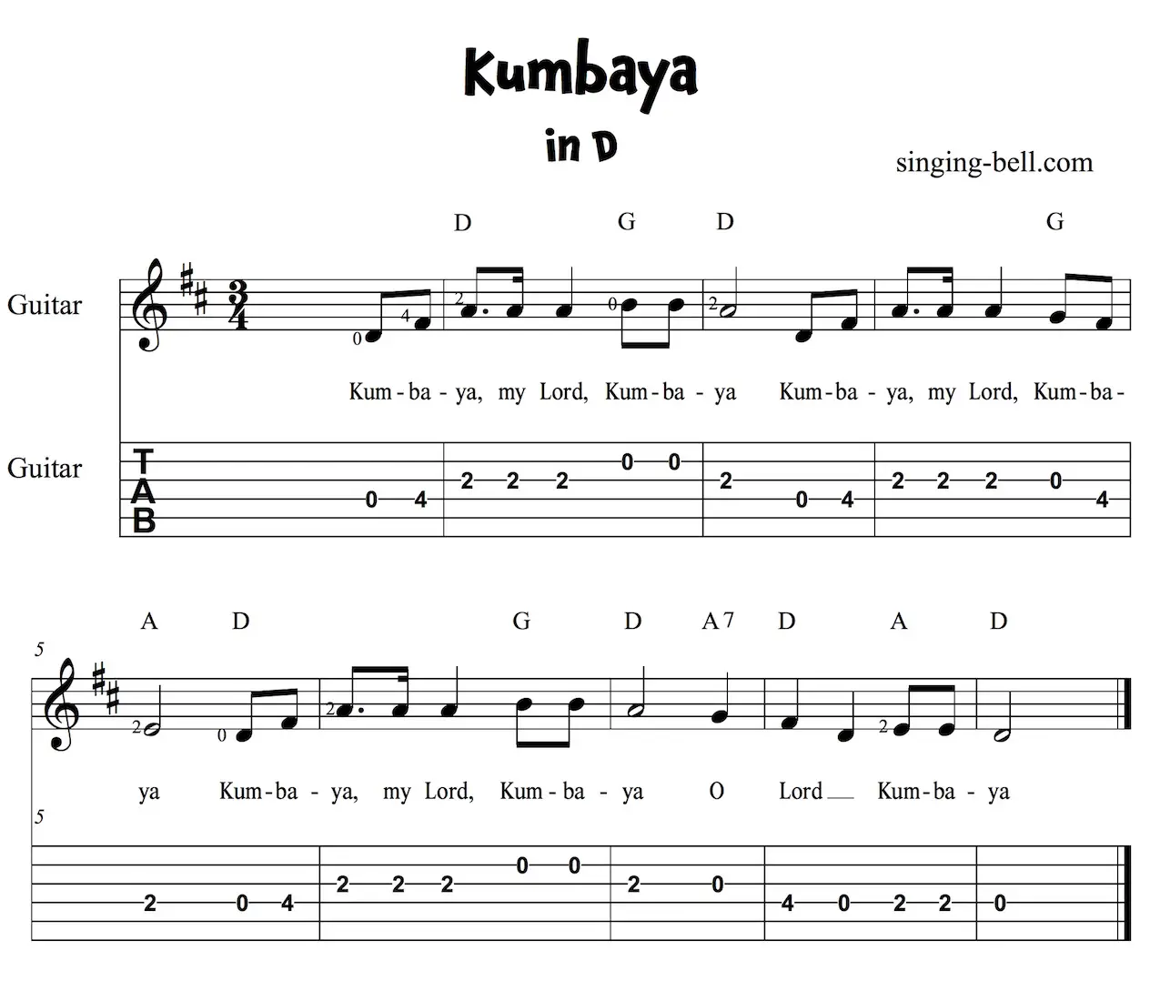 Kumbaya Easy Guitar Sheet Music with notes and tablature in D.