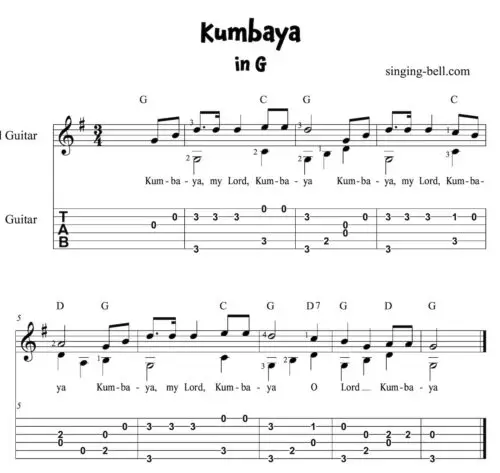 Kumbaya Easy Guitar Sheet Music with notes and tablature in G.