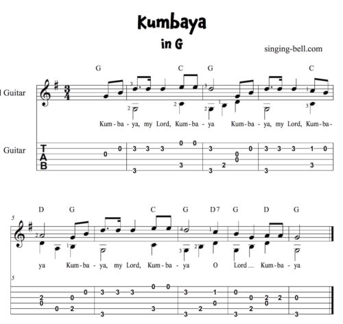 Kumbaya Easy Guitar Sheet Music with notes and tablature in G.