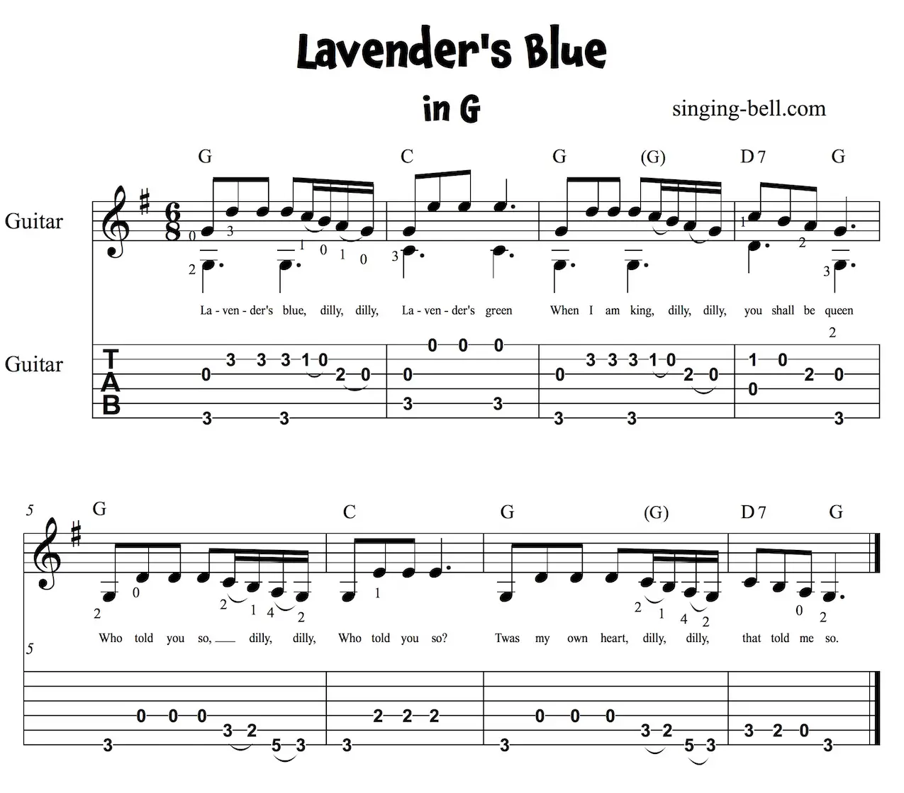 Lavender's Blue Easy Guitar Sheet Music with notes and tablature in G.